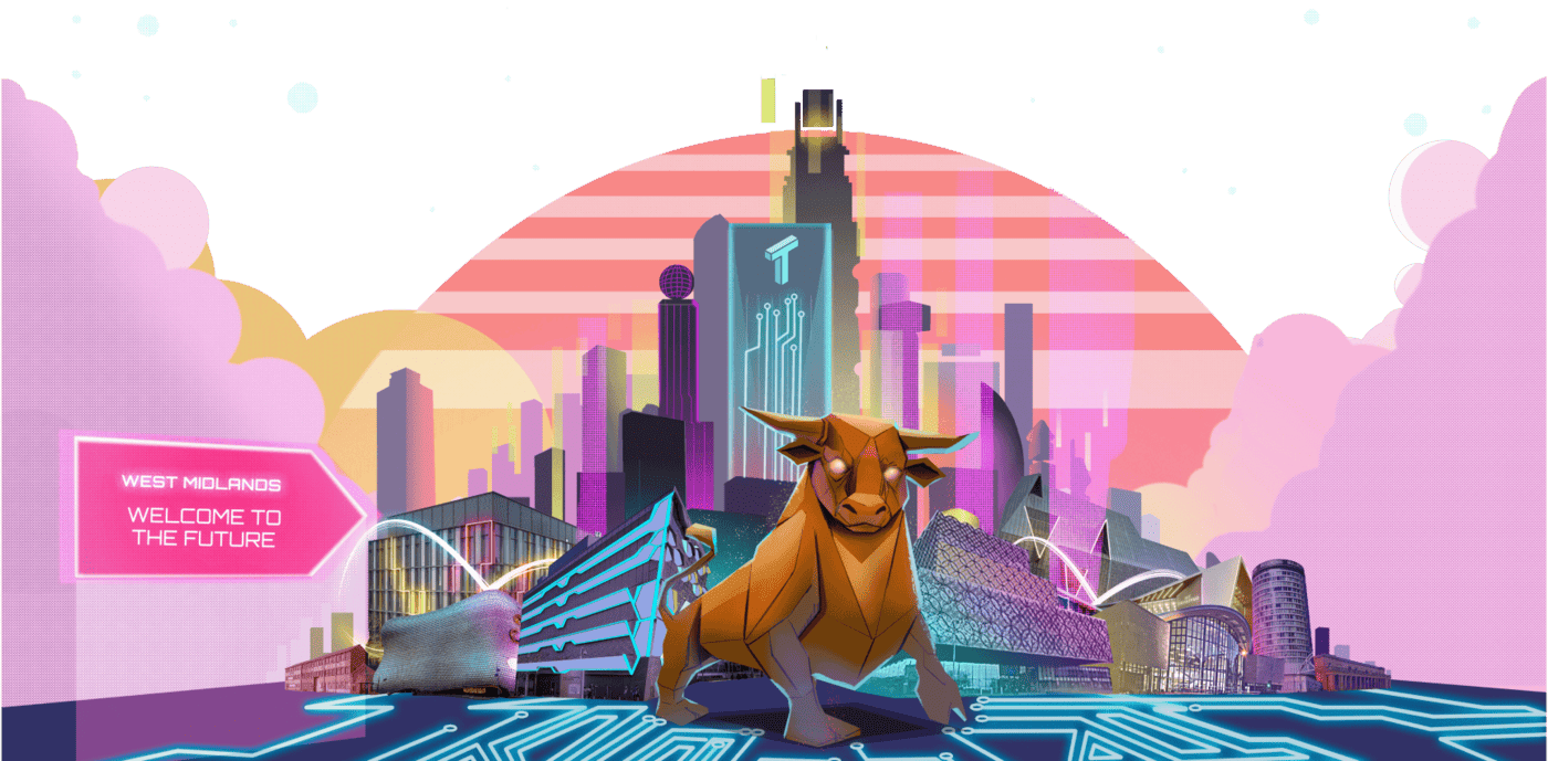 A bull with iconic west midlands buildings in the background. Sign that reads: West Midlands, welcome to the future pointing to the buildings.