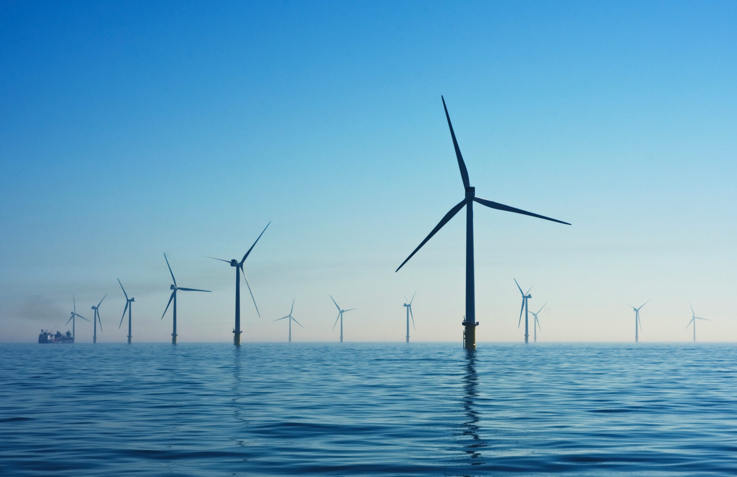 Wind turbines installed offshore to generate renewable energy.
